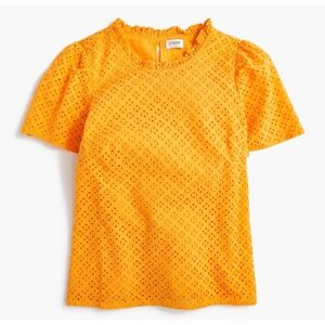 J.Crew Womens Orange Eyelet Lace Ruffle Neck Puff Sleeve Blouse Top Small